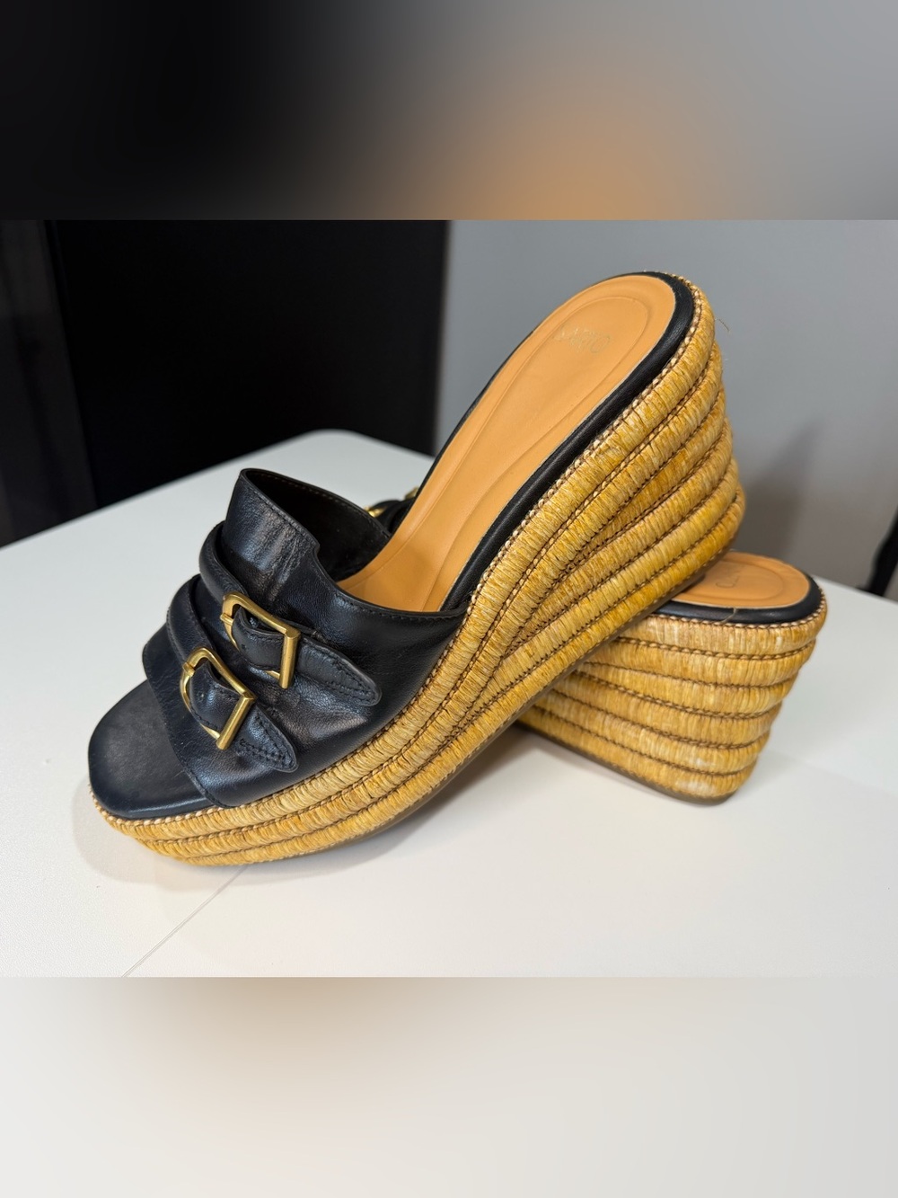 SARTO By Franco Sarto Black Leather Platform Slide Sandals with Gold Buckles